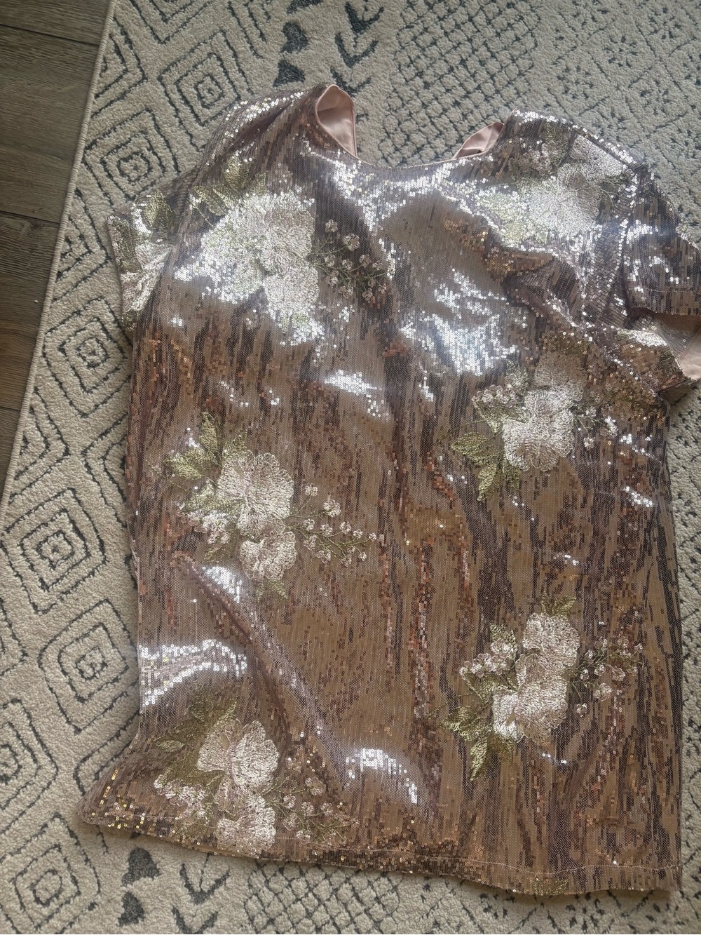 ARULA Rose Gold Sequin Mini Dress with Floral Appliqué